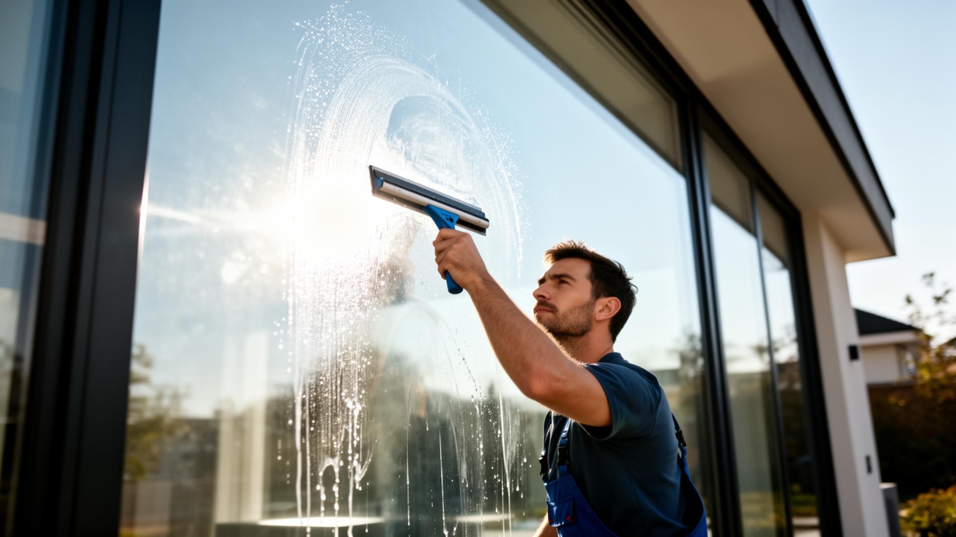 Professional window cleaner squeegeeing a streak-free window